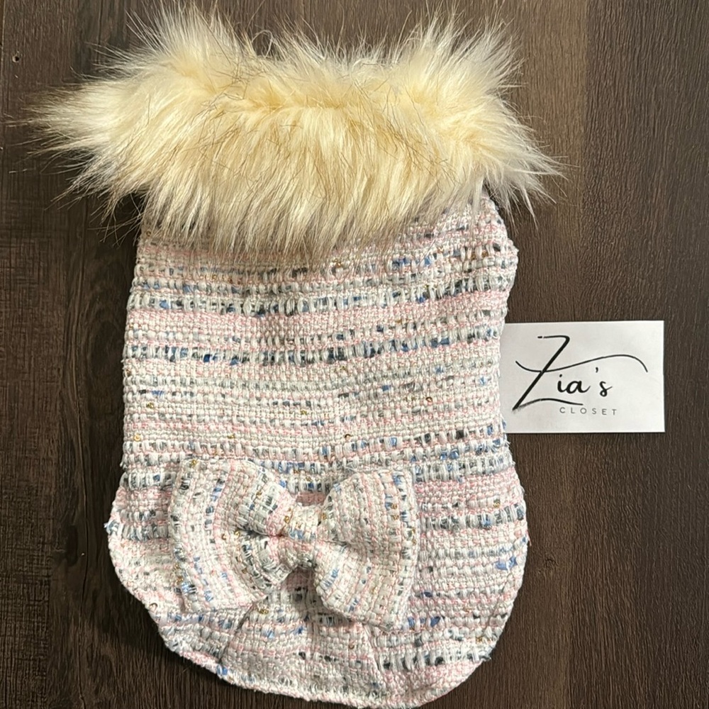 Fancy pants “Harry Barker” furry neck, woven, and lined dog coat.